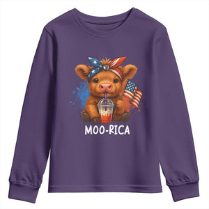 Funny Highland Cow Patriotic Youth Sweatshirt Moo Rica USA Flag Cow Farmer TS12 Purple Print Your Wear
