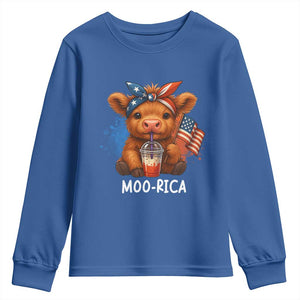 Funny Highland Cow Patriotic Youth Sweatshirt Moo Rica USA Flag Cow Farmer TS12 Royal Blue Print Your Wear