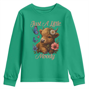 Just A Little Moody Youth Sweatshirt Funny Sarcasm Highland Cow TS12 Irish Green Print Your Wear