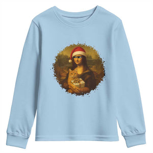 Chritsmas Mona Lisa Youth Sweatshirt Funny Holiday Kitty Lover TS12 Light Blue Print Your Wear