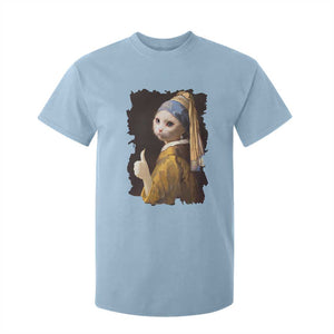 Funny Cat With A Pearl Earring Parody Art T Shirt For Kid TS12 Light Blue Print Your Wear