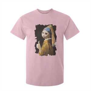 Funny Cat With A Pearl Earring Parody Art T Shirt For Kid TS12 Light Pink Print Your Wear