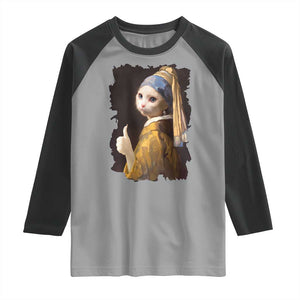 Funny Cat With A Pearl Earring Parody Art Raglan Shirt TS12 Sport Gray Black Print Your Wear
