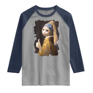 Funny Cat With A Pearl Earring Parody Art Raglan Shirt TS12 Sport Gray Navy Print Your Wear