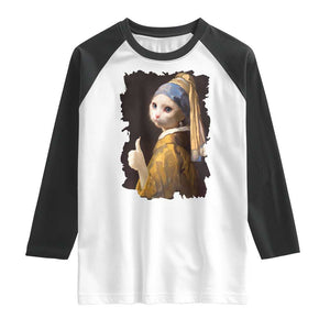 Funny Cat With A Pearl Earring Parody Art Raglan Shirt TS12 White Black Print Your Wear