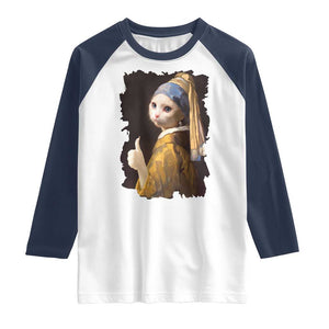 Funny Cat With A Pearl Earring Parody Art Raglan Shirt TS12 White Navy Print Your Wear