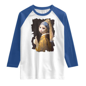Funny Cat With A Pearl Earring Parody Art Raglan Shirt TS12 White Royal Print Your Wear