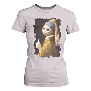 Funny Cat With A Pearl Earring Parody Art T Shirt For Women TS12 Ice Gray Print Your Wear