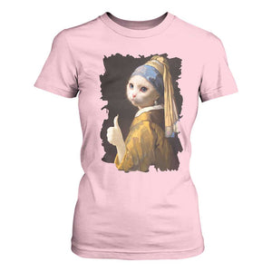 Funny Cat With A Pearl Earring Parody Art T Shirt For Women TS12 Light Pink Print Your Wear