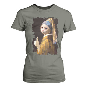 Funny Cat With A Pearl Earring Parody Art T Shirt For Women TS12 Military Green Print Your Wear