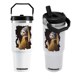 Funny Cat With A Pearl Earring Parody Art Flip Straw Tumbler TS12 One Size: 30 oz White Print Your Wear
