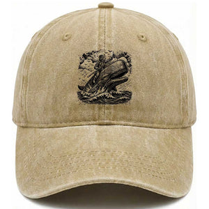 Funny Skeleton Whale Rider Washed Cotton Baseball Cap Dark Maritime Gothic Vintage Nautical Graphic TS12 Print Your Wear