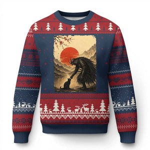 Vintage Japanese Art Samurai Warrior Black Cat Ugly Christmas Sweater Ukiyoe Style Boop Meme