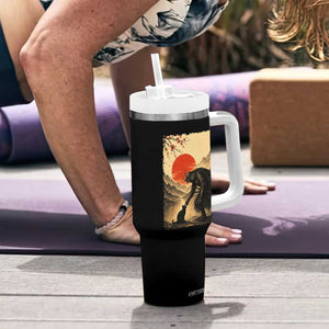Vintage Japanese Art Samurai Warrior Black Cat Tumbler With Handle Ukiyoe Style Boop Meme