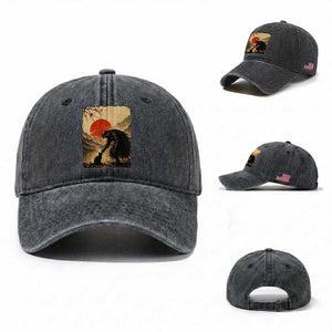 Vintage Japanese Art Samurai Warrior Black Cat Washed Cotton Baseball Cap Ukiyoe Style Boop Meme TS12 Washed Cap Universal Fit Dark Gray Print Your Wear