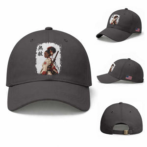 Afro African Pride Samurai Black Girl Baseball Cap Vintage Japanese Sumie Katana Graphic TS12 Baseball Cap Universal Fit Dark Gray Print Your Wear
