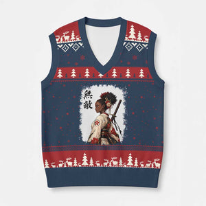 Afro African Pride Samurai Black Girl V-Neck Knit Sweater Vest Vintage Japanese Sumie Katana Graphic