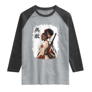 Afro African Pride Samurai Black Girl Raglan Shirt Vintage Japanese Sumie Katana Graphic