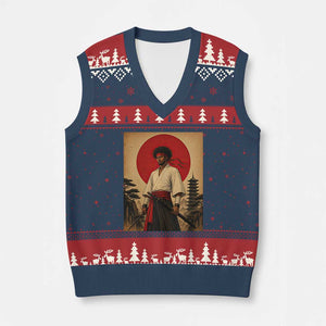 Afro American Samurai Bushido Warrior V-Neck Knit Sweater Vest Vintage Japanese Ukiyoe Graphic