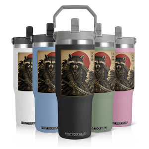 Funny Samurai Raccoon Flip Straw Tumbler Vintage Japanese Ukiyoe Warrior Graphic