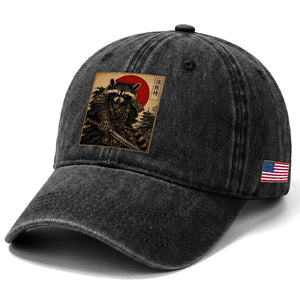 Funny Samurai Raccoon Washed Cotton Baseball Cap Vintage Japanese Ukiyoe Warrior Graphic TS12 Print Your Wear