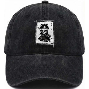 Vintage Japanese Art Samurai Cat Washed Cotton Baseball Cap Sumie Kawaii Cat Lover Gift TS12 Print Your Wear