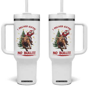 Funny Black Santa Bull Riding Christmas Tumbler With Handle I Deliver Gifts No Bull TS12 One Size: 40 oz White Print Your Wear