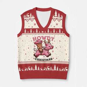 Howdy Xmas V-Neck Knit Sweater Vest Funny Gingerbread Cowboy Riding Reindeer Gift For Girl TS12 Beige Red Print Your Wear