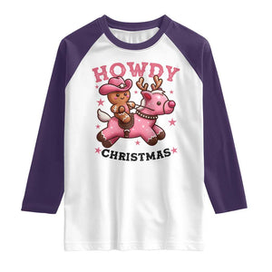Howdy Christmas Raglan Shirt Funny Gingerbread Cowboy Riding Reindeer Gift For Girl TS12 White Purple Print Your Wear