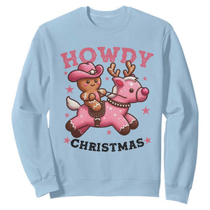 Howdy Christmas Sweatshirt Funny Gingerbread Cowboy Riding Reindeer Gift For Girl TS12 Light Blue Print Your Wear