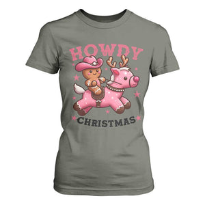 Howdy Christmas T Shirt For Women Funny Gingerbread Cowboy Riding Reindeer Gift For Girl TS12 Military Green Print Your Wear