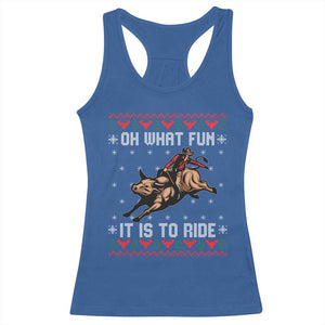 Western Bull Riding Ugly Christmas Racerback Tank Top Oh What Fun It Is To Ride TS12 Royal Blue Print Your Wear