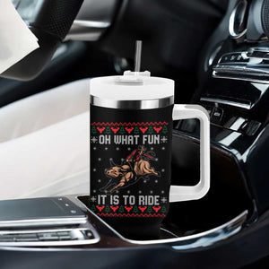 Western Bull Riding Ugly Christmas Tumbler With Handle Oh What Fun It Is To Ride TS12 Print Your Wear
