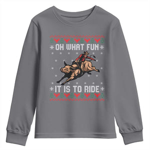 Western Bull Riding Ugly Christmas Youth Sweatshirt Oh What Fun It Is To Ride TS12 Charcoal Print Your Wear