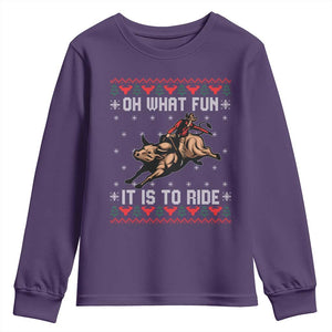 Western Bull Riding Ugly Christmas Youth Sweatshirt Oh What Fun It Is To Ride TS12 Purple Print Your Wear