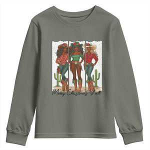 Merry Christmas Y'all Youth Sweatshirt Funny Western Holiday Gift For Cowgirl TS12 Military Green Print Your Wear
