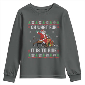 Oh What Fun It Is To Ride Youth Sweatshirt Black Santa Bull Rider Ugly Christmas Gift TS12 Dark Heather Print Your Wear