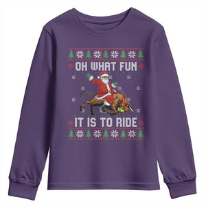 Oh What Fun It Is To Ride Youth Sweatshirt Black Santa Bull Rider Ugly Christmas Gift TS12 Purple Print Your Wear