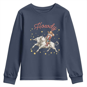 Funny Nutcracker Bull Riding Youth Sweatshirt Howdy Western Christmas Holiday Gift TS12 Navy Print Your Wear