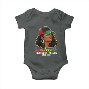 Black Woman Juneteenth Graphic Baby Onesie Rooted In Freedom Since 1865 TS12 Dark Heather Print Your Wear