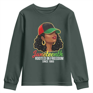 Black Woman Juneteenth Graphic Youth Sweatshirt Rooted In Freedom Since 1865 TS12 Dark Forest Green Print Your Wear