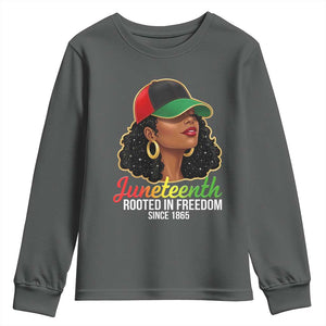 Black Woman Juneteenth Graphic Youth Sweatshirt Rooted In Freedom Since 1865 TS12 Dark Heather Print Your Wear