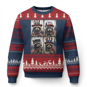 Funny Patriotic Raccoon Selfie Ugly Christmas Sweater USA Flag Red White And Blue Graphic