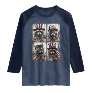 Funny Patriotic Raccoon Selfie Raglan Shirt USA Flag Red White And Blue Graphic TS12 Heather Denim Navy Print Your Wear