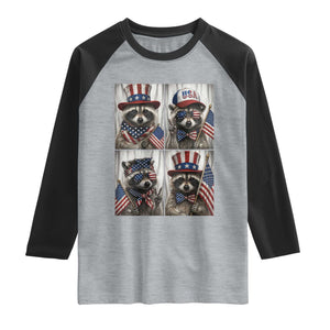 Funny Patriotic Raccoon Selfie Raglan Shirt USA Flag Red White And Blue Graphic TS12 Heather Gray Black Print Your Wear