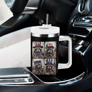 Funny Patriotic Raccoon Selfie Tumbler With Handle USA Flag Red White And Blue Graphic