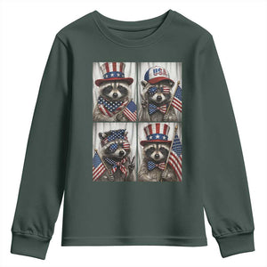 Funny Patriotic Raccoon Selfie Youth Sweatshirt USA Flag Red White And Blue Graphic TS12 Dark Forest Green Print Your Wear