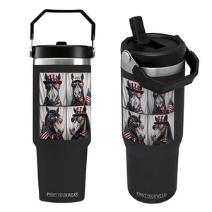 Patriotic Horse Selfie Squad Flip Straw Tumbler USA Flag Red White And Blue Graphic
