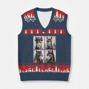 Patriotic Horse Selfie Squad V-Neck Knit Sweater Vest USA Flag Red White And Blue Graphic