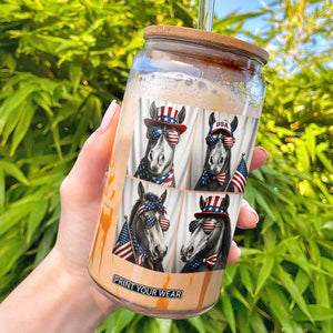 Patriotic Horse Selfie Squad Glass Can USA Flag Red White And Blue Graphic
